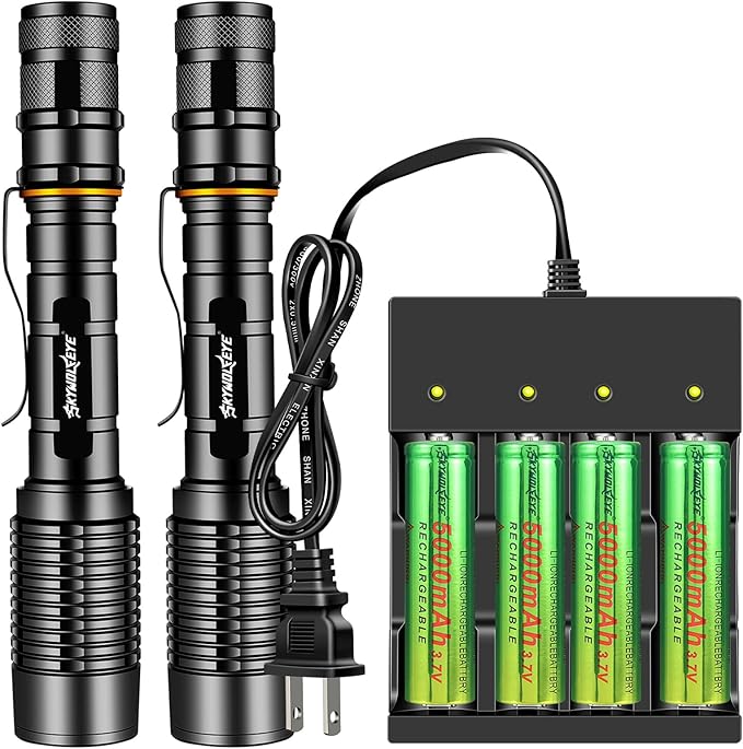 2 Pack 5 Modes LED Rechargeable 5000 High lumens Flashlights, Super Bright Zoomable Flashlight Waterproof for Kids Camping,emergencies