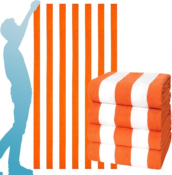 4 Packs Oversized Stripe Beach Towel Thin Terry with Towel Bands Set XL Extra Large Big Clearance Pool Travel Accessories Essentials Soft Absorbent Swim Bath Towels Bulk Men Women Adults Gift Orange
