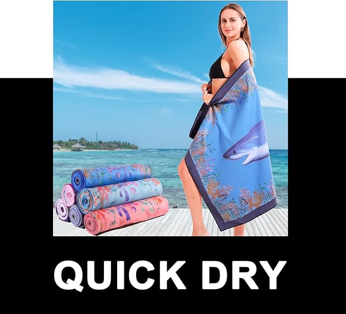2 Packs Luxury Oversized Microfiber Beach Towel 32x63 Inch Shark, Double Sided Quick Dry Sandrpoof Compact, Adult Extra Large Chair Towel Over Bulk Set Sand Free Thin Sand Repellent Anti Repels