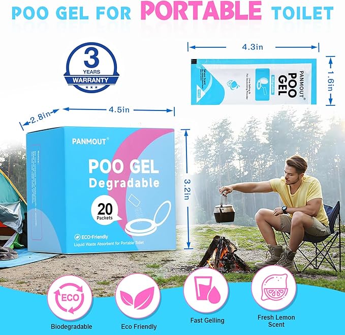 40Packs Poo Gel for Portable Toilet, Absorbent Poo Powder for Liquid Waste and Urine Camping Toilet Outdoor Hiking