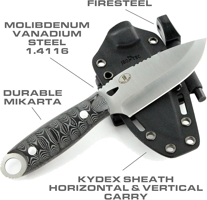 JEO-TEC Nº10 Bushcraft Survival Knife | Full Tang Fixed Blade Outdoor Camping Utility Hunting Knife In Kydex Sheath | MOVA Steel Fire Starter Scraper | Gift For Him