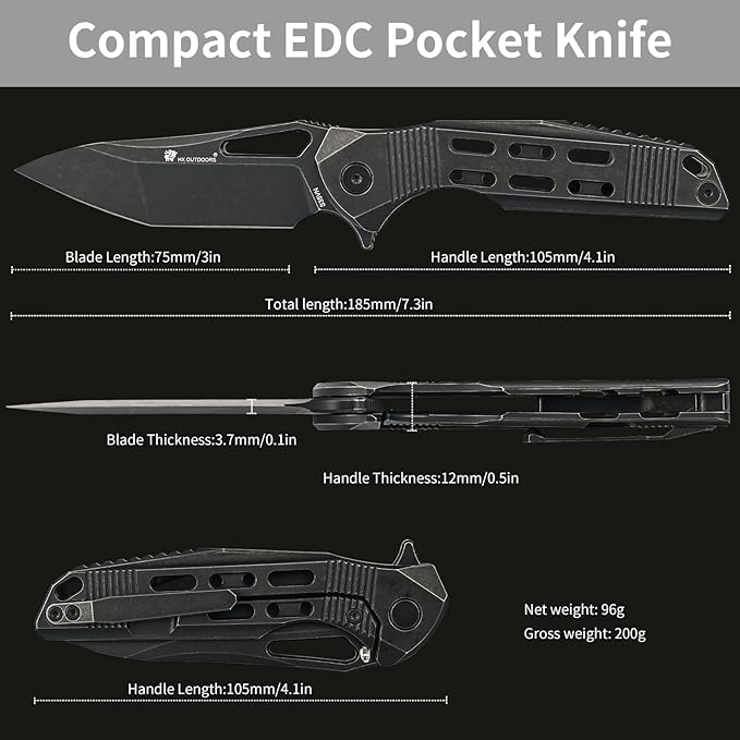 HX OUTDOORS Pocket Knife with Lock, High End S35VN Steel Folding Knife with Non Slip Titanium Alloy Handle(Black)
