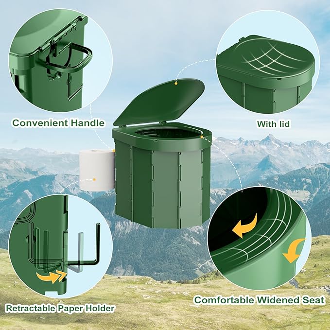 Portable Camping Toilet, Folding Toilet for Adults with Lid and Retractable Toilet Paper Holder, Waterproof Porta Potty with Carry Bag and Disposible Liners for Camping, Hiking, RV Travel, Road Trips