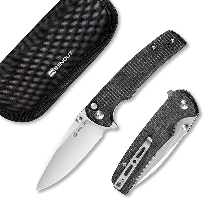 SENCUT Sachse Pocket Knife Folding Knife for EDC, Black Micarta Handle Satin 9Cr18MoV Blade Foldable Small Knife with Clip, Button Lock Everyday Carry Knife for Men Women Indoor Outdoor Gift S21007-1