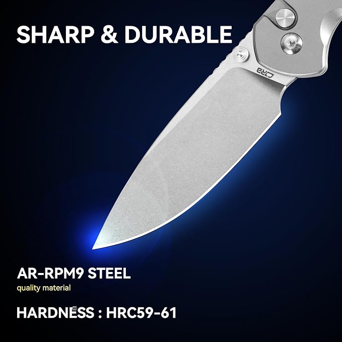 CJRB CUTLERY Pocket Knife Pyrite (J1925) Button Lock EDC Small Foldable Knife AR-RPM9 Steel Blade and Titanium Handle Silver Outdoor for Men Women for Gifts