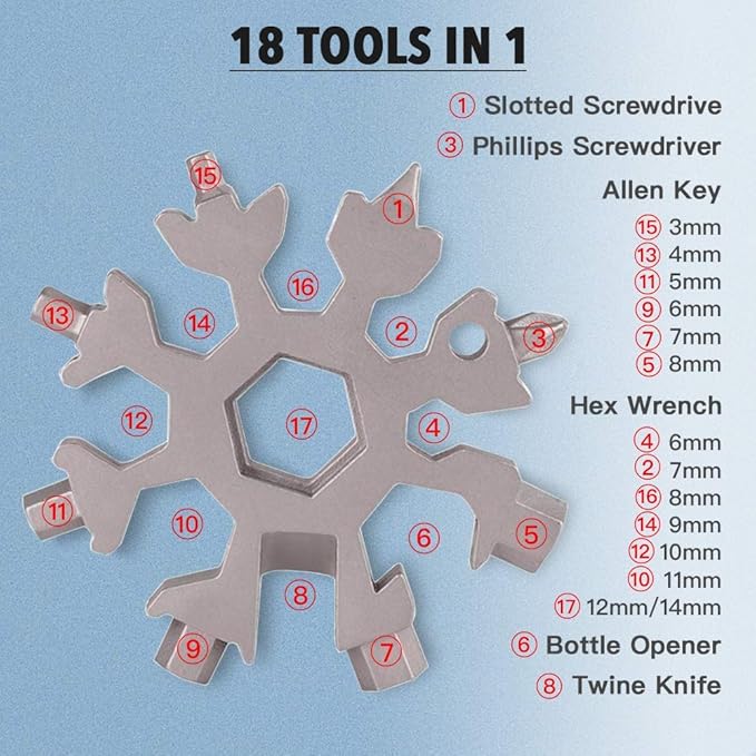 2 Pack 18-in-1 Stainless Steel Snowflake Multi-Tool, Portable Keychain screwdriver Bottle opener Tool for Military Enthusiasts,Outdoor EDC Tools,Christmas Gift (silver & multicolor)