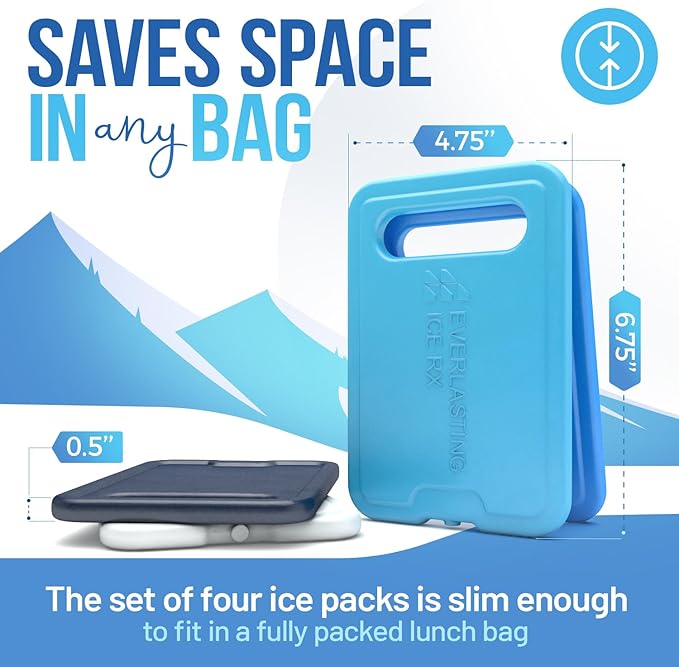 Reusable XL Slim Ice Packs for Lunch Boxes with Handle (4 Pack) BPA Free Freezer Packs | 7.5 x 6.5 in | Long Lasting Ice Pack for Insulated Bags, Picnic, Travel, and More
