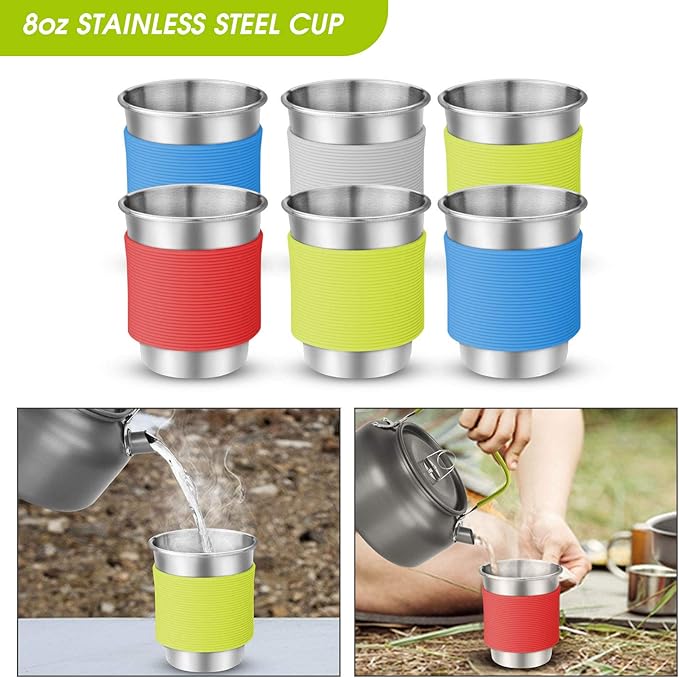 Odoland 39pcs Camping Cookware Mess Kit, Non-Stick Large Size Hanging Pot Pan Kettle with Base Dinner Cutlery Sets for 6 and More, Cups Dishes Forks Spoons Kit for Outdoor Camping Hiking Picnic