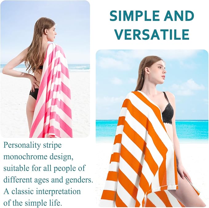 4 Packs Oversized Stripe Beach Towel Thin Terry with Towel Bands Set XL Extra Large Big Clearance Pool Travel Accessories Essentials Soft Absorbent Swim Bath Towels Bulk Men Women Adults Gift Orange