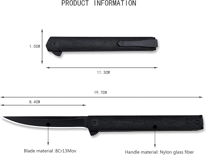 7.76in CEO Flipper Pocket Folding Knife, Liner Lock Knife Gentleman's Knife with Pocket Clip, 8Cr13Mov Steel Black Blade and Nylon Glass Fibre Handle,Camping EDC for Men (black blade)