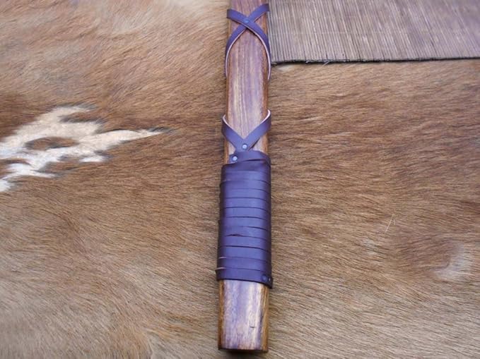 20 Inches Long Damascus Steel Tomahawk Axe, Rose Wood with Wrapped Leather Handle Bearded Hiking Axe, Hand Forged Damascus Steel Camping Axe, Thick Cow Hide Leather Sheath