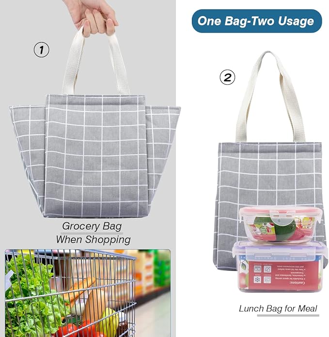 iknoe Insulated Lunch Bag for Women, 9L Sturdy Wide-Open Foldable & Portable Lunch Tote with Interior Pockets, Water-resistant Thermal Lunch Cooler for Adults Picnic Beach (Grey Plaid)