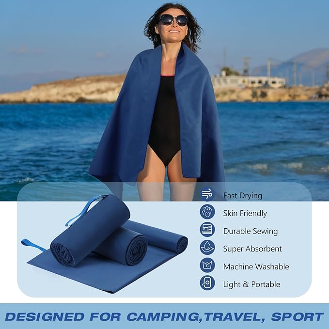 2 Pack Microfiber Beach Towel Large Travel Towel 60 x 30 Inch Quick Dry Swimming Towel Absorbent Ultra Compact Lightweight Camping Towel for Gym, Hiking, Pool, Yoga