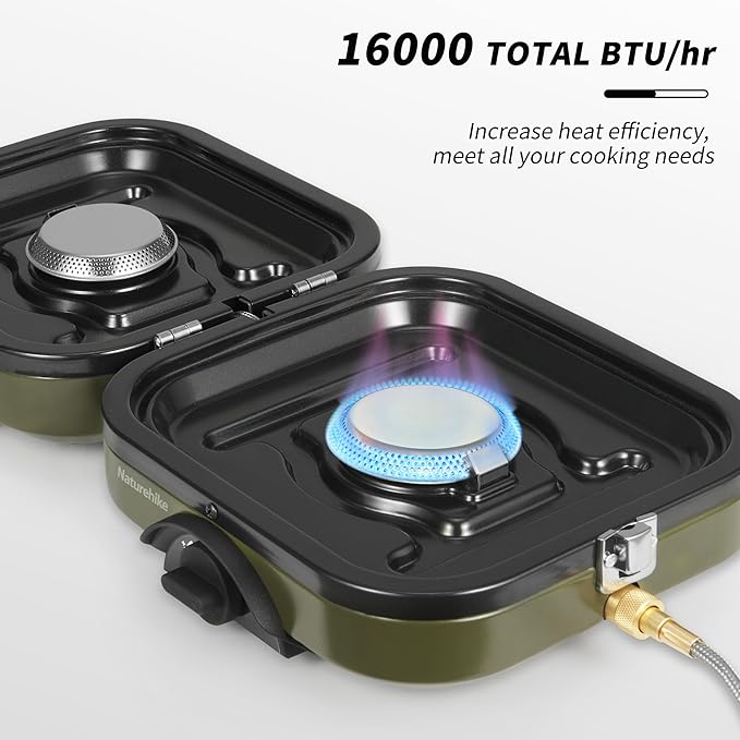 Naturehike Mirage 2 Burner Folding Camping Stove with Griddle, Portable Camp Gas Stove with 16000 BTU, 2 Adjustable Burners & Piezo Ignition, Compatible with Blend Isobutane Fuel