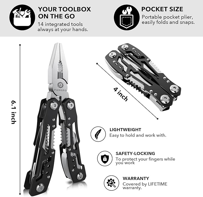 14-In-1 Multitool with Safety Locking, Professional Stainless Steel Multitool Pliers Pocket Knife, Bottle Opener, Screwdriver with Nylon Sheath ,Apply to Survival,Camping, Hunting and Hiking