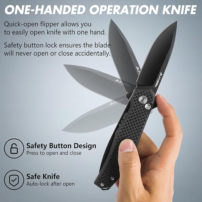 FLISSA Folding Pocket Knife, 4.5" Carbon Fiber Handle EDC Knife with D2 Steel Blade, Button Lock and Pocket Clip, Tactical Knives for Men Women, Uesd for Outdoor, Survival, Hunting and Camping