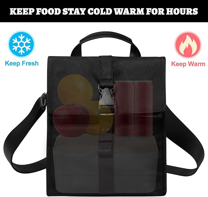 Insulated Foldable Lunch Bag- Lightweight Portable with Adjustable Shoulder Strap Lunch Box for Men, Women, Office, Work, Picnic, Hiking and Beach (Black(Soft Fabric))