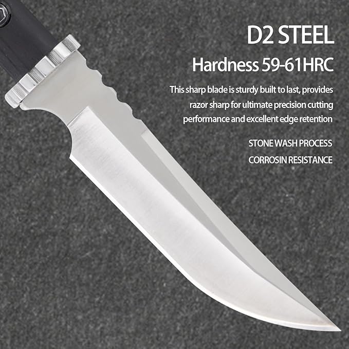 5.8 inch Fixed Knife Bushcraft Knife with D2 Blade for Camping Hunting Knife for Outdoor Survival Tool Gifts for Men, steel, realbbh123