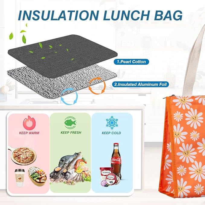 iknoe Insulated Lunch Bag for Women, 9L Durable Wide-Open Foldable & Portable Lunch Tote with Interior Pockets, Water-Resistant Thermal Lunch Cooler for Adults Picnic Beach (Daisy)