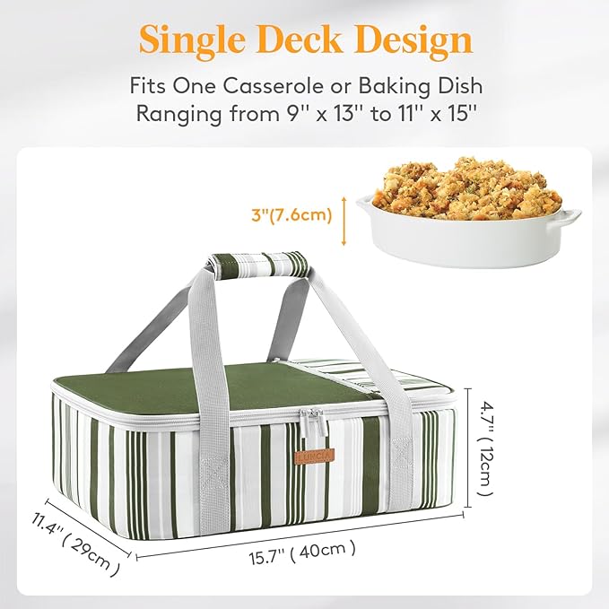 Insulated Casserole Carrier for Hot or Cold Food, Lasagna Lugger Tote for Potluck Parties/Picnic/Cookouts, Fits 9"×13" Baking Dish, Dark Green