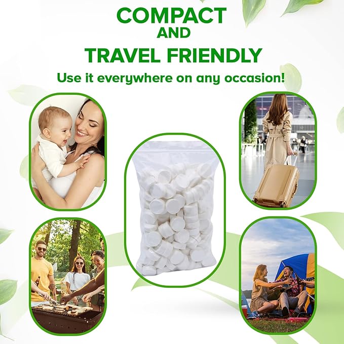 Compressed Towels Toilet Paper Tablets - Portable Compact Disposable Face Towel Wipes - Mini Coin Washcloth Tissues For Travel Camping Or Hiking + Reusable Water Tissue Dispenser (Cost Effective 500)