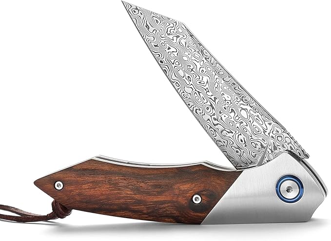 3.5" Damascus EDC Folding Pocket Knife with Clip for Men, Handmade Leather Sheath for Belt,Steel Bolster & Ironwood Handle,Ball Bearings Pivot,Everyday Carry Outdoor,Vul-01