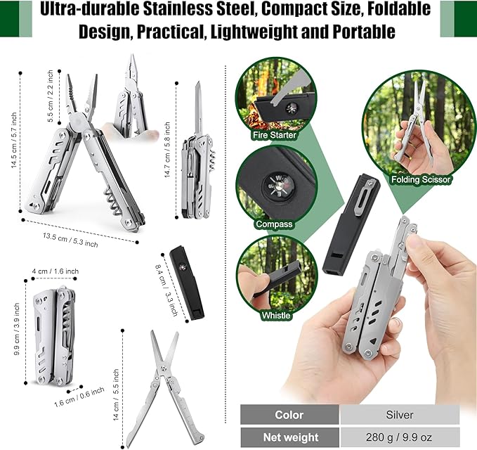 24-in-1 Multitool, AWY68ZMGO Multitool Plier with Scissor, Saw, Screwdriver, Fire Starter, Whistle, Security Lock, etc. Multitool Knife for Camping, Hiking, Simple Repair, Gift for Friend