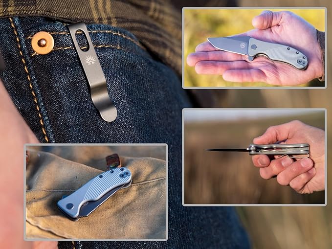 Off-Grid Knives - Baby Rhino - Legal Carry Heavy Duty Compact Folding Knife w. Sandvik 14C28N Blade Steel, Sky Gray G10 Scales, Deep Carry Left and Right Hand, Built Like A Tank