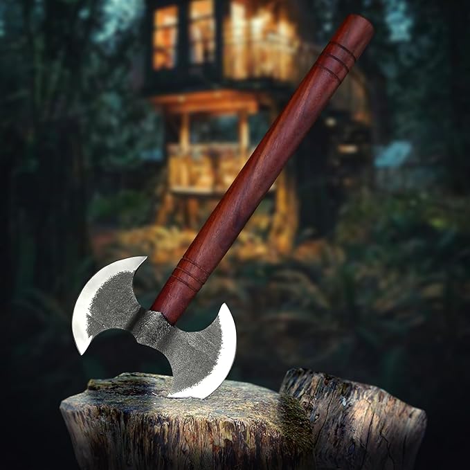 14 inch Custom Handmade Carbon Steel Viking Double Head Axe - Camping, Hatchet, Survival, Hunting, Outdoor, Throwing, Bushcraft, Tomahawk, Estwing, Tactical Double Head Axe with Sheath