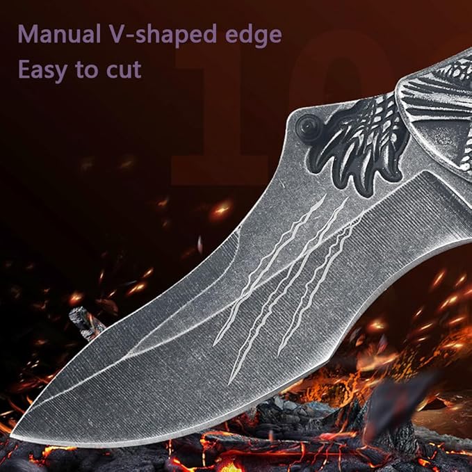 3D embossed folding knife, outdoor knife for camping, barbecue, fishing, cutting (Flying Dragon)