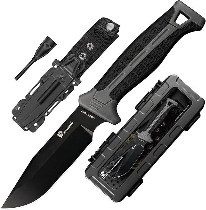 HX OUTDOORS Extra Sharp Bushcraft Knife with Fire Starter, Premium D2 Steel Fixed Blade Survival Camping Knife with Plastic Sheath for Outdoor, Hiking, Backpacking(Black)