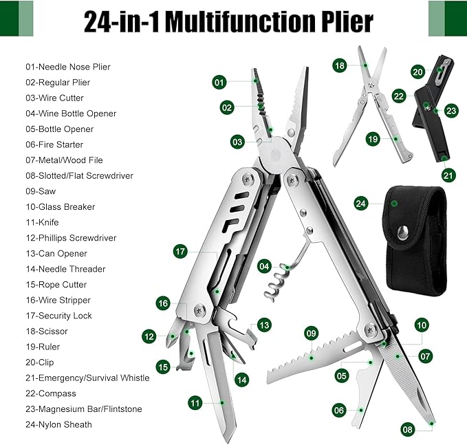 24-in-1 Multitool, AWY68ZMGO Multitool Plier with Scissor, Saw, Screwdriver, Fire Starter, Whistle, Security Lock, etc. Multitool Knife for Camping, Hiking, Simple Repair, Gift for Friend
