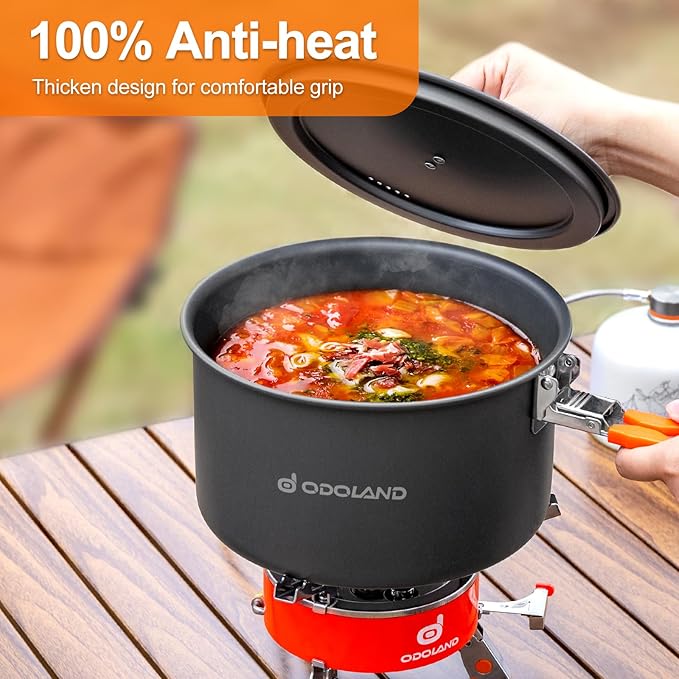 Odoland Camping Cookware Mess Kit, Non-Stick Lightweight Camping Pot and Fry Pan Set with Mesh Bag for Camping, Backpacking, Outdoor Cooking and Picnic