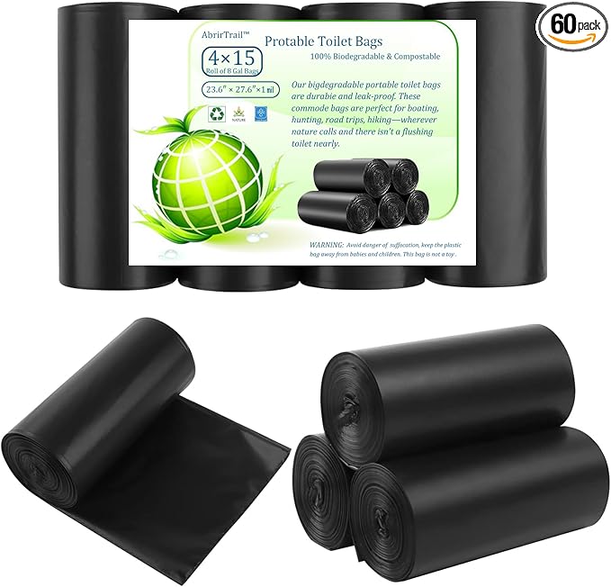 60 portable toilet bags,8 Gallon camping toilet waste bags for 5 gallon bucket,1mil bildegradable porta potty luggable loo bags for adults travel heavy-duty