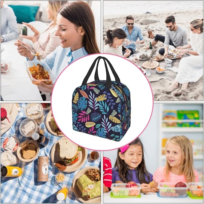 Imiss Blue Tropical Leaves Insulated Lunch Bag for Woman Man Adults, Hawaii Hawaiian Plants Reusable Cooler Lightweight Lunch Cooler Bag with Front Pocket for Picnic Work Office