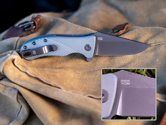 Off-Grid Knives - Baby Rhino - Legal Carry Heavy Duty Compact Folding Knife w. Sandvik 14C28N Blade Steel, Sky Gray G10 Scales, Deep Carry Left and Right Hand, Built Like A Tank