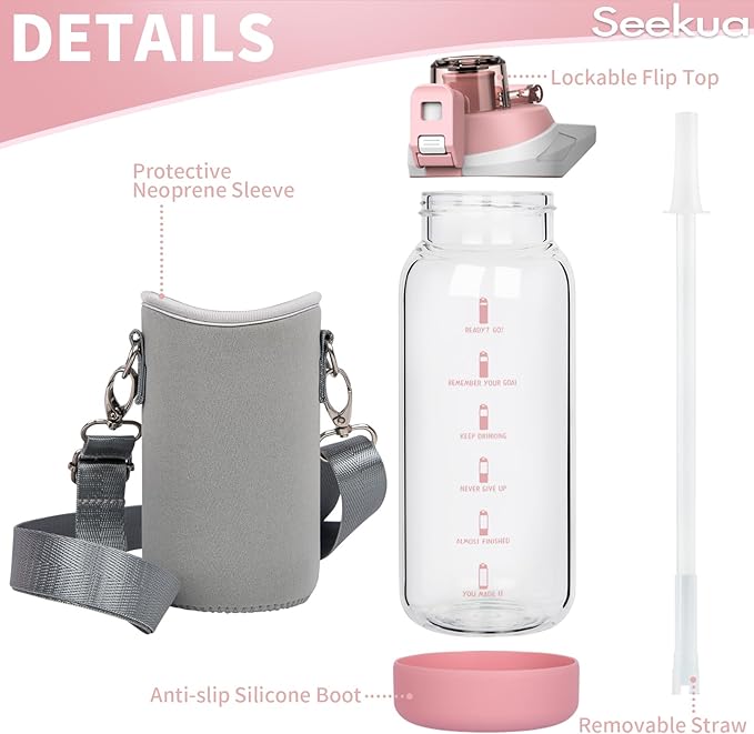 20 oz Sports Glass Water Bottle with Straw & Time Marker, Motivational Kids Daily Glass Drinking Bottle with Strap for Children, School