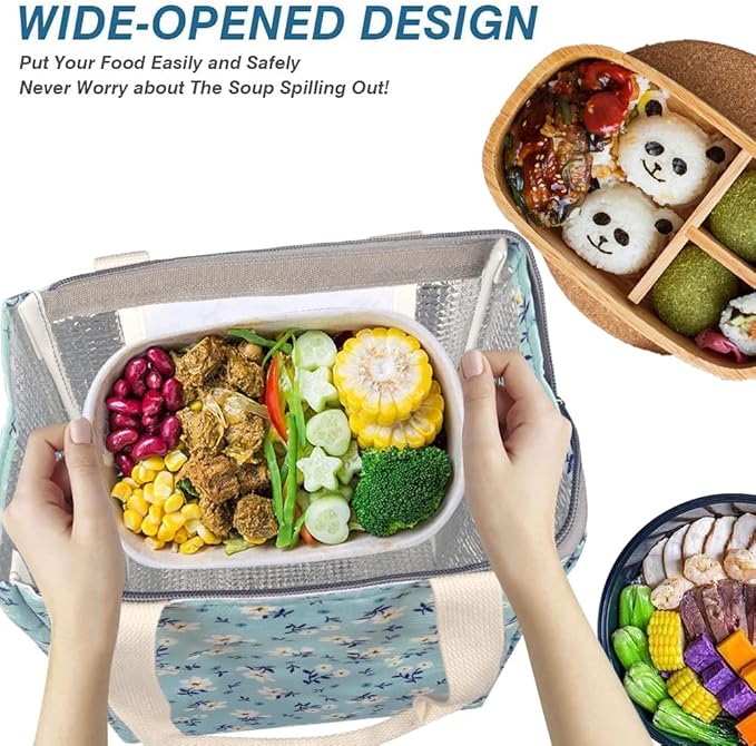 iknoe Insulated Lunch Bag for Women, 9L Durable Wide-Open Foldable & Portable Lunch Tote with Interior Pockets, Water-resistant Thermal Lunch Cooler for Adults (Floral)