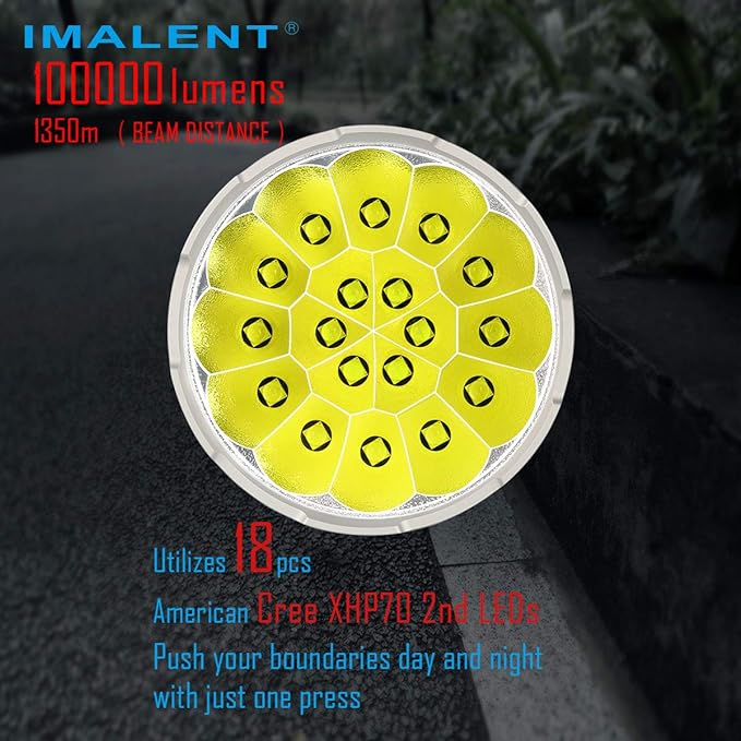 IMALENT MS18 Powerful Bright Flashlight 100,000 Lumens,Rechargeable Flashlights Use 18pcs Cree XHP70.2 LEDs, High Lumens Flashlight with OLED Display, LED Flashlight for Emergency