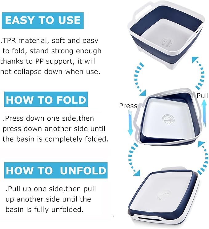Dishpan for Washing Dishes,9L Collapsible Dish Tub Portable Sink,Wash Basin,Foldable Laundry Tub,Washing Basin with Drain Plug,Dishpan for Kitchen Sink,Camping Dish Washing Tub,Navy blue