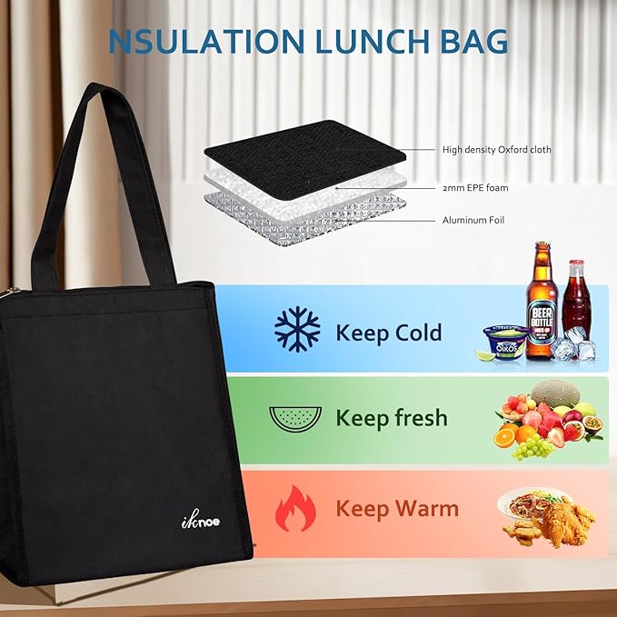 iknoe Lunch Bag Insulated Lunch Bags for Women Men Reusable Lunch Tote Portable Adult Thermal Large Lunch Cooler for Work Picnic Beach-Plain Black