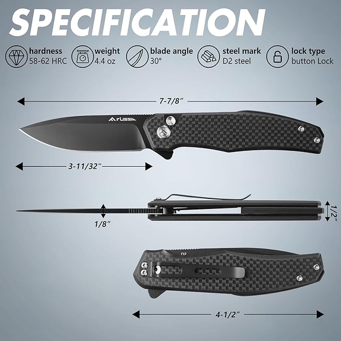 FLISSA Folding Pocket Knife, 4.5" Carbon Fiber Handle EDC Knife with D2 Steel Blade, Button Lock and Pocket Clip, Tactical Knives for Men Women, Uesd for Outdoor, Survival, Hunting and Camping