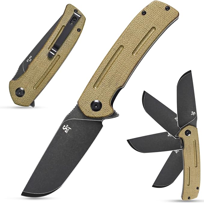 Sitivien ST133 Folding Knife,D2 Blade,Micarta Handle EDC Tool Knife for Outdoor Camping Hiking(Green)
