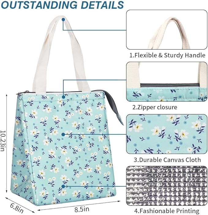 iknoe Insulated Lunch Bag for Women, 9L Durable Wide-Open Foldable & Portable Lunch Tote with Interior Pockets, Water-resistant Thermal Lunch Cooler for Adults (Floral)
