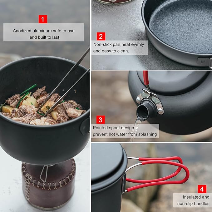 Alocs Camping Cookware Set,Durable Aluminum Camping Cooking Set, Compact Camping Pots and Pans Set with Kettle, Non-Stick Camping Pan Camping Essentials for Outdoor Cooking, Hiking, and Picnics.