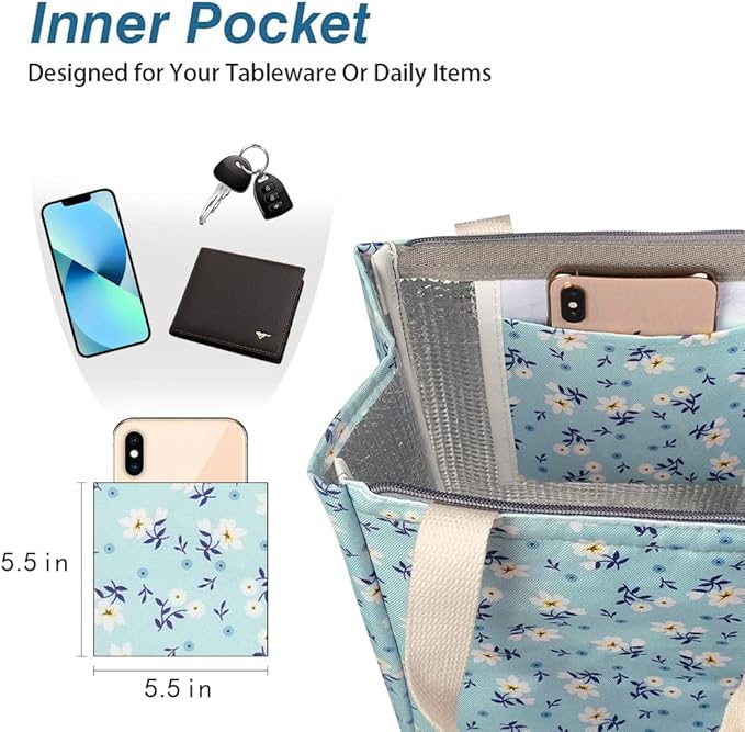 iknoe Insulated Lunch Bag for Women, 9L Durable Wide-Open Foldable & Portable Lunch Tote with Interior Pockets, Water-resistant Thermal Lunch Cooler for Adults (Floral)