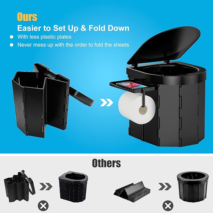 Portable Camping Toilet, Foldable Toilet for Adults with Detachable Phone Shelf and Toilet Paper Holder, Waterproof Porta Potty with Lid for Camping, Hiking, RV Travel, Road Trips