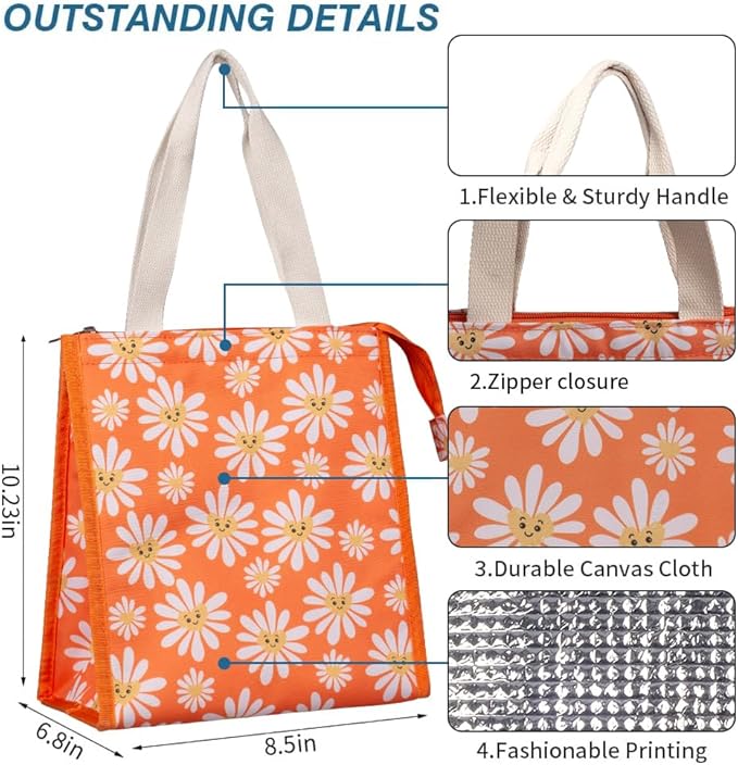 iknoe Insulated Lunch Bag for Women, 9L Durable Wide-Open Foldable & Portable Lunch Tote with Interior Pockets, Water-Resistant Thermal Lunch Cooler for Adults Picnic Beach (Daisy)