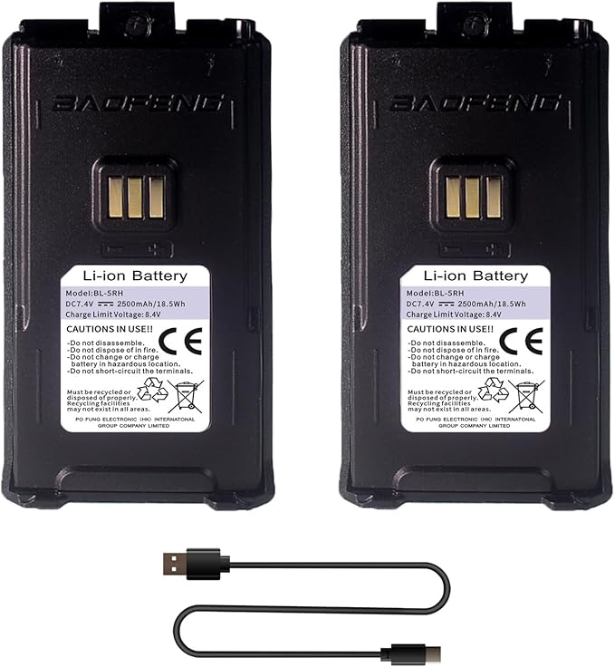 2 Pack BAOFENG UV-5RM Battery 2500mAh Enlarge Capacity for UV-5RH Two Way Radio USB-C Charging 7.4V BL-5RH Li-ion Battery Replacement GM-5RH Walkie Talkie Accessories with Type-c Cable