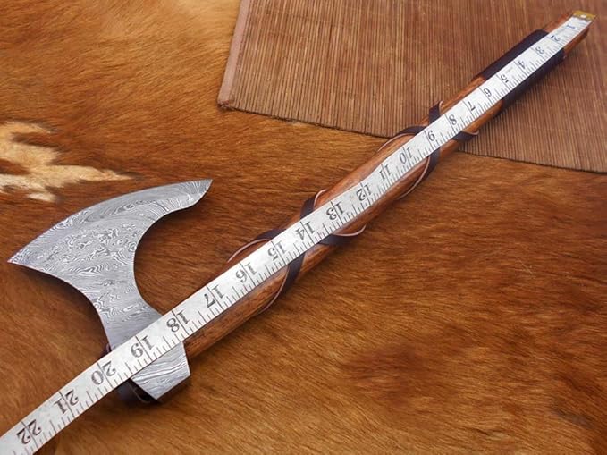 20 Inches Long Damascus Steel Tomahawk Axe, Rose Wood with Wrapped Leather Handle Bearded Hiking Axe, Hand Forged Damascus Steel Camping Axe, Thick Cow Hide Leather Sheath